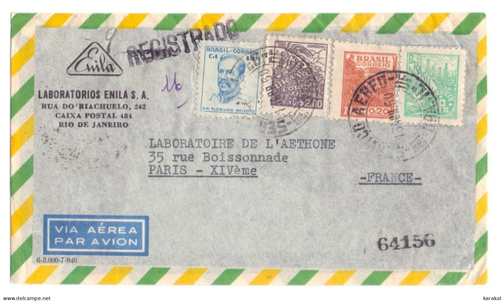 Brésil Brazil 498A Peixoto Recommandée Registrado Laboratorios Enila Rio Aero To Paris XIV France 1950 - Cartas & Documentos