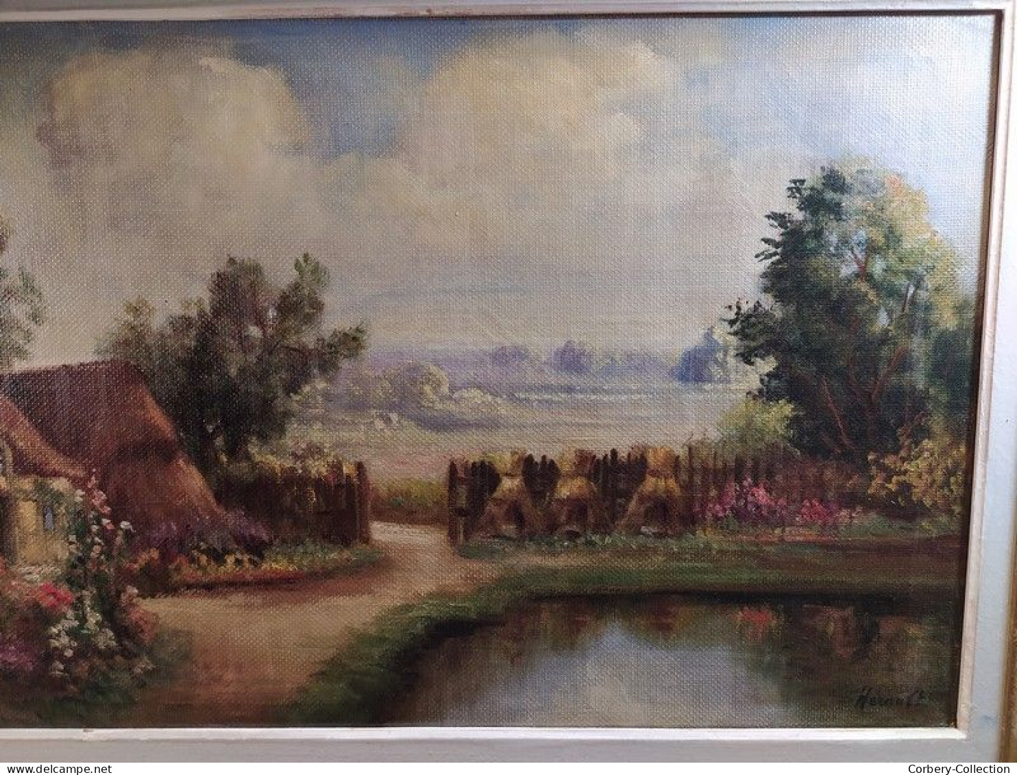 Ancien Tableau Chaumière Normande Meules de Foin Signé Hérault