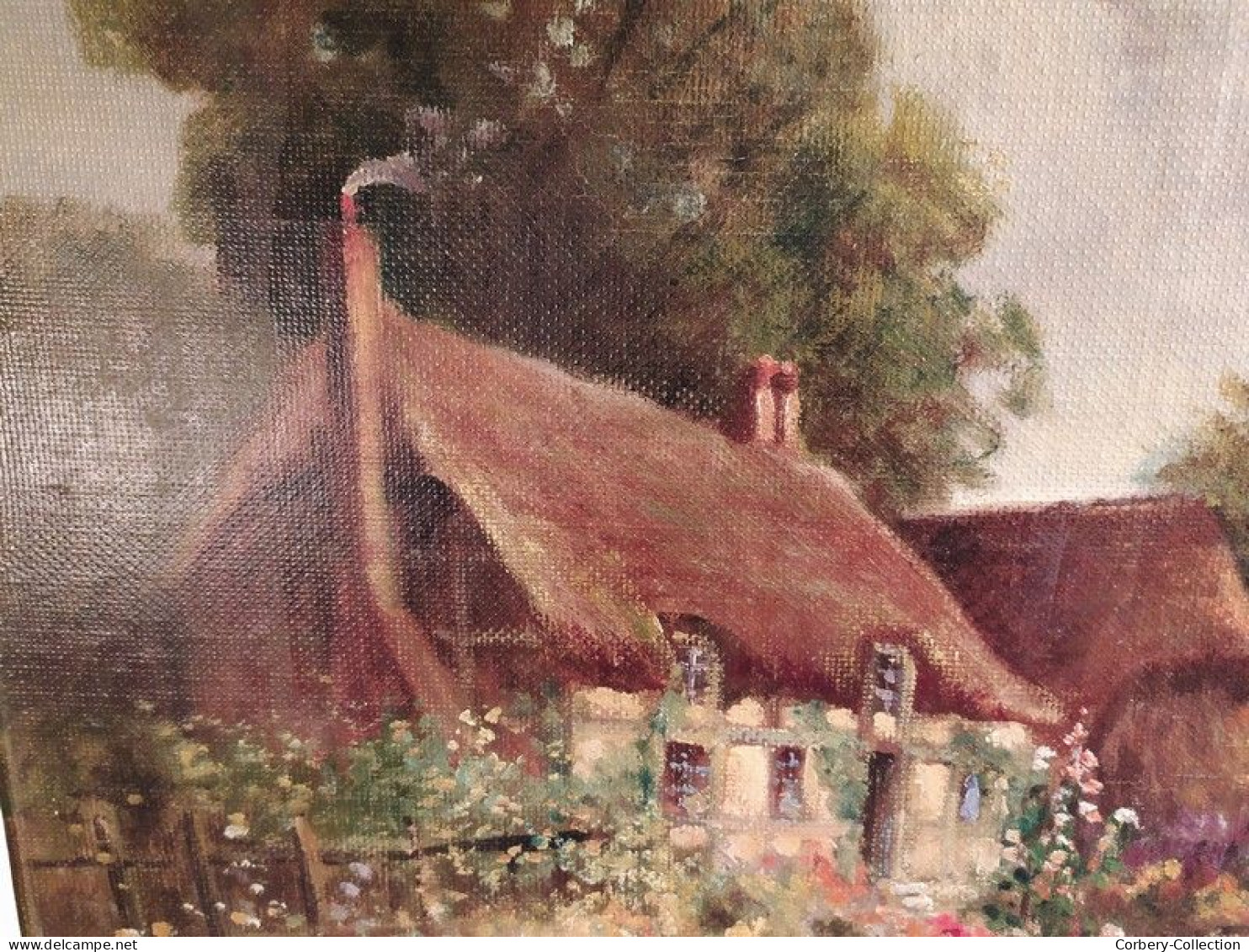 Ancien Tableau Chaumière Normande Meules de Foin Signé Hérault