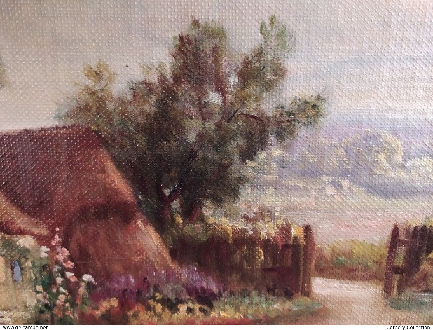 Ancien Tableau Chaumière Normande Meules de Foin Signé Hérault