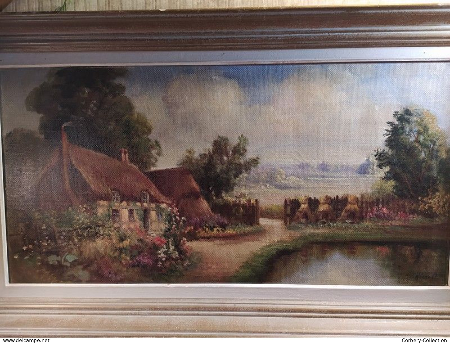 Ancien Tableau Chaumière Normande Meules de Foin Signé Hérault