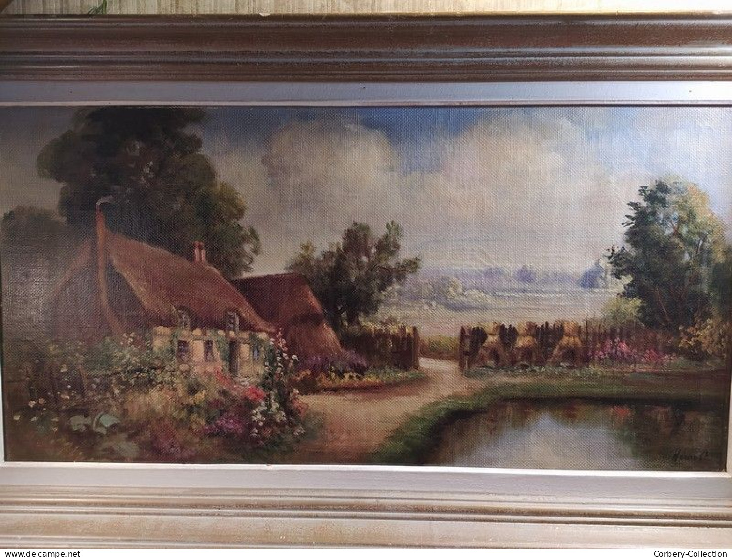 Ancien Tableau Chaumière Normande Meules de Foin Signé Hérault