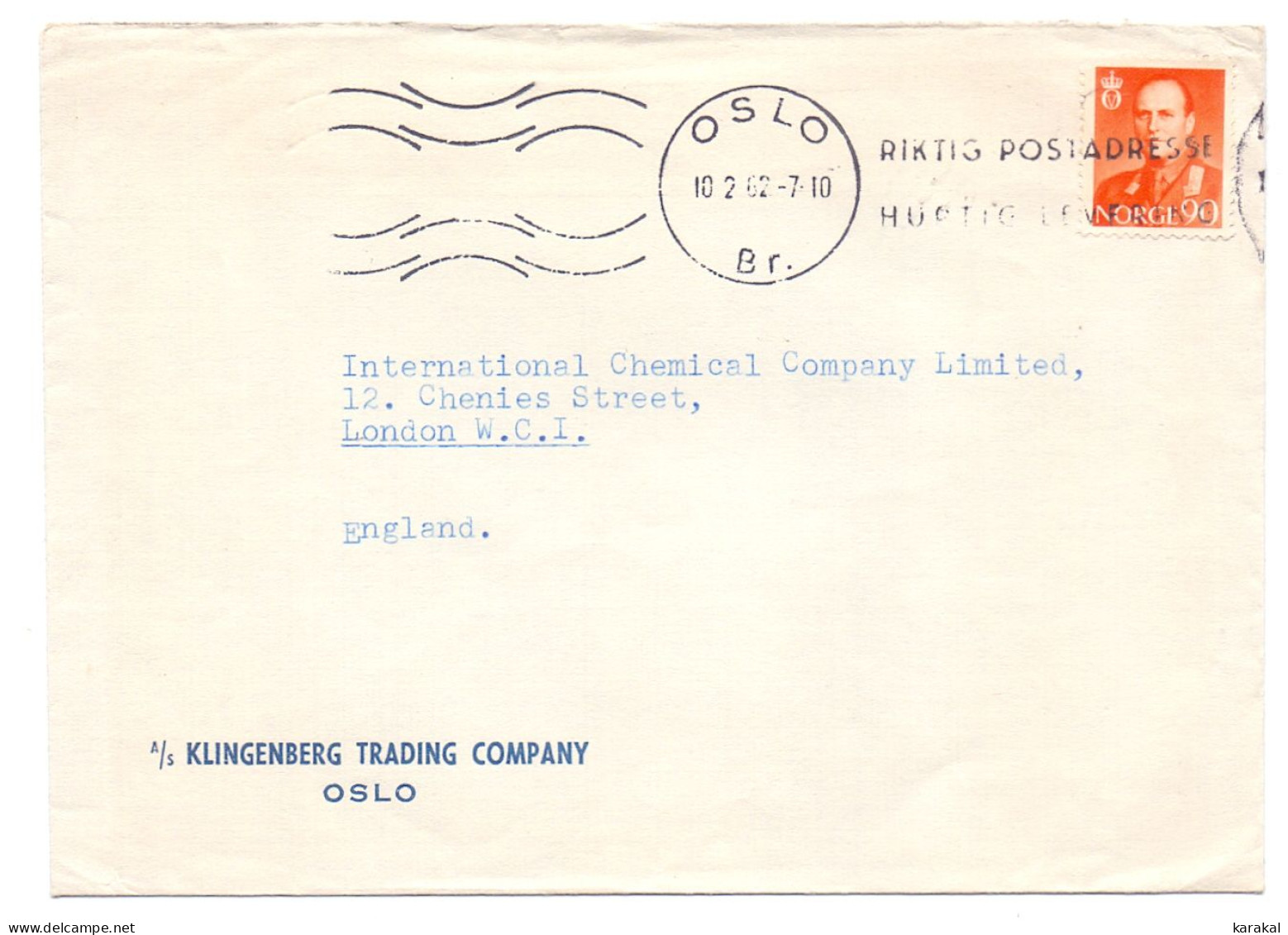 Norge Norway 427 Olav V Riktig Postadresse Oslo Klinkenberg  To London 1962 - Cartas & Documentos