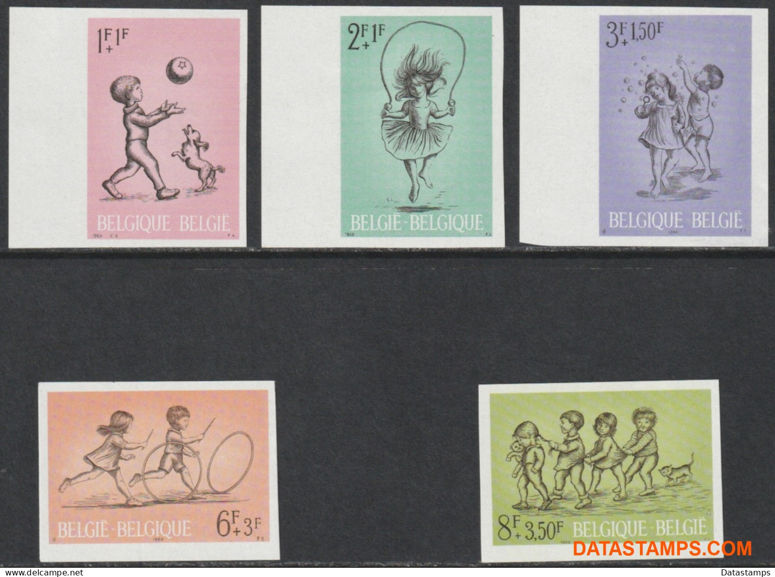 België 1966 - Mi:1456/1460, Yv:1399/1403, OBP:1399/1403, Stamp - □ - Children's Games - 1961-1980