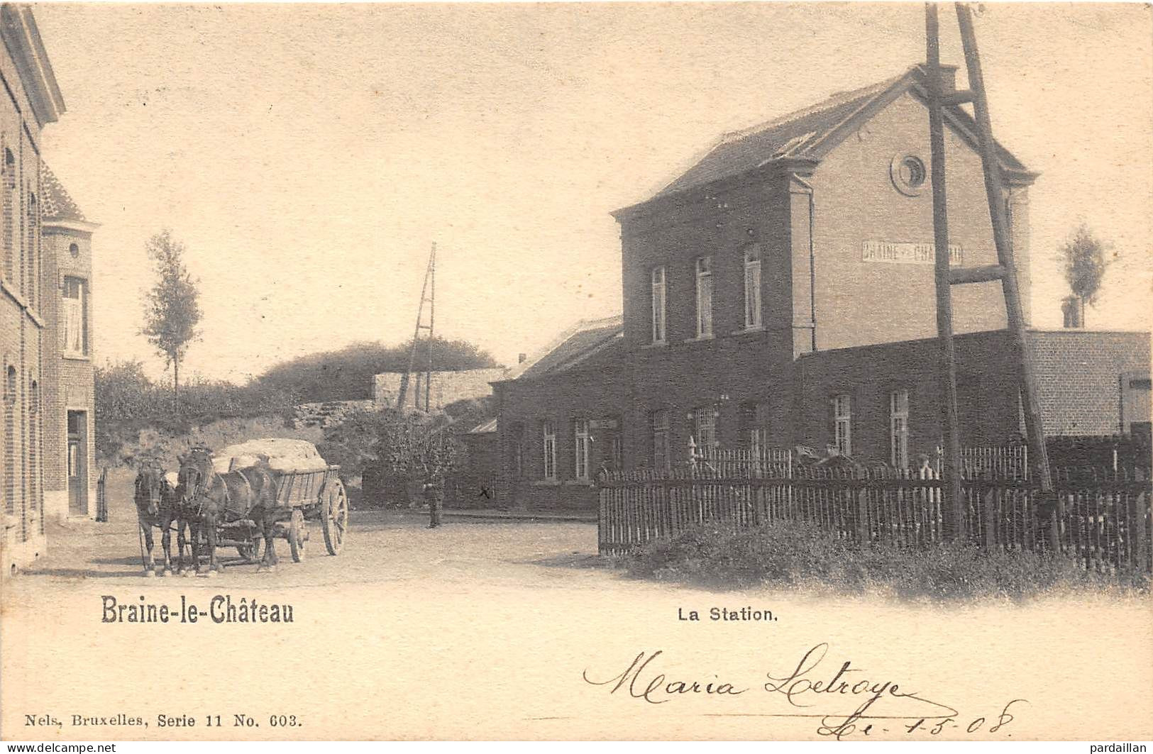 BELGIQUE. BRAINE-LE-CHÂTEAU. LA STATION.  CHARRETTE ATTELEE. BEAU PLAN. 1908 - Braine-le-Chateau