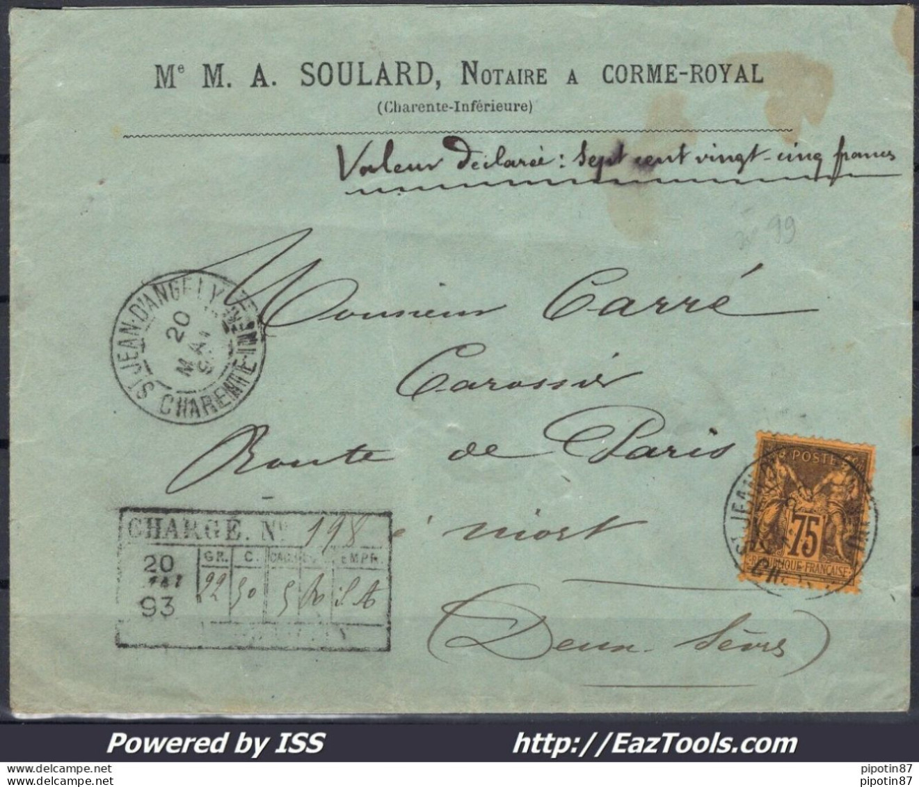 FRANCE SAGE N° 99 SEUL SUR LETTRE CHARGÉE POUR NIORT DU 20/05/1893 A VOIR - 1876-1898 Sage (Tipo II)