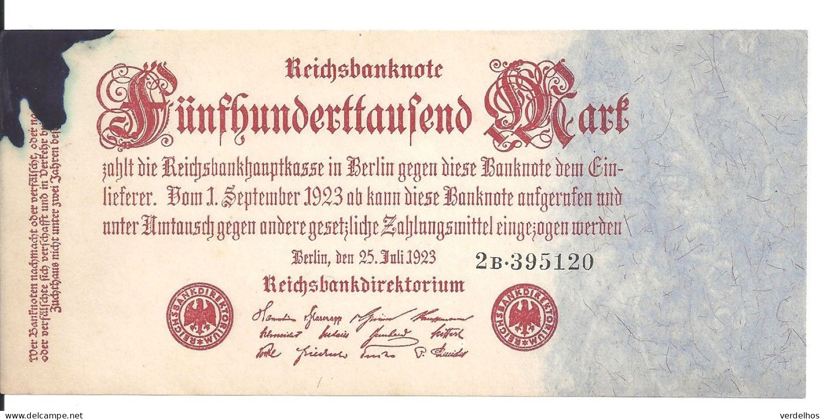 ALLEMAGNE 500000 MARK 1923 XF+(tache D'encre) P 92 - 500.000 Mark