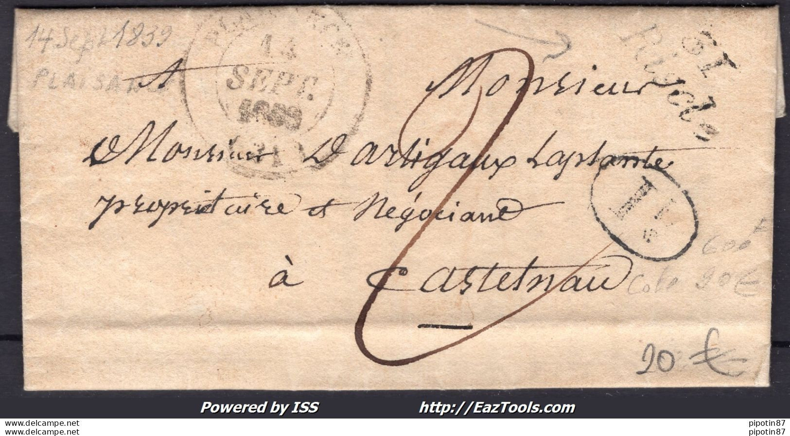 FRANCE MARQUE POSTALE GRIFFE 31 RISCLE + CAD TYPE 14 PLAISANCE DU 14/09/1839 - 1801-1848: Precursors XIX