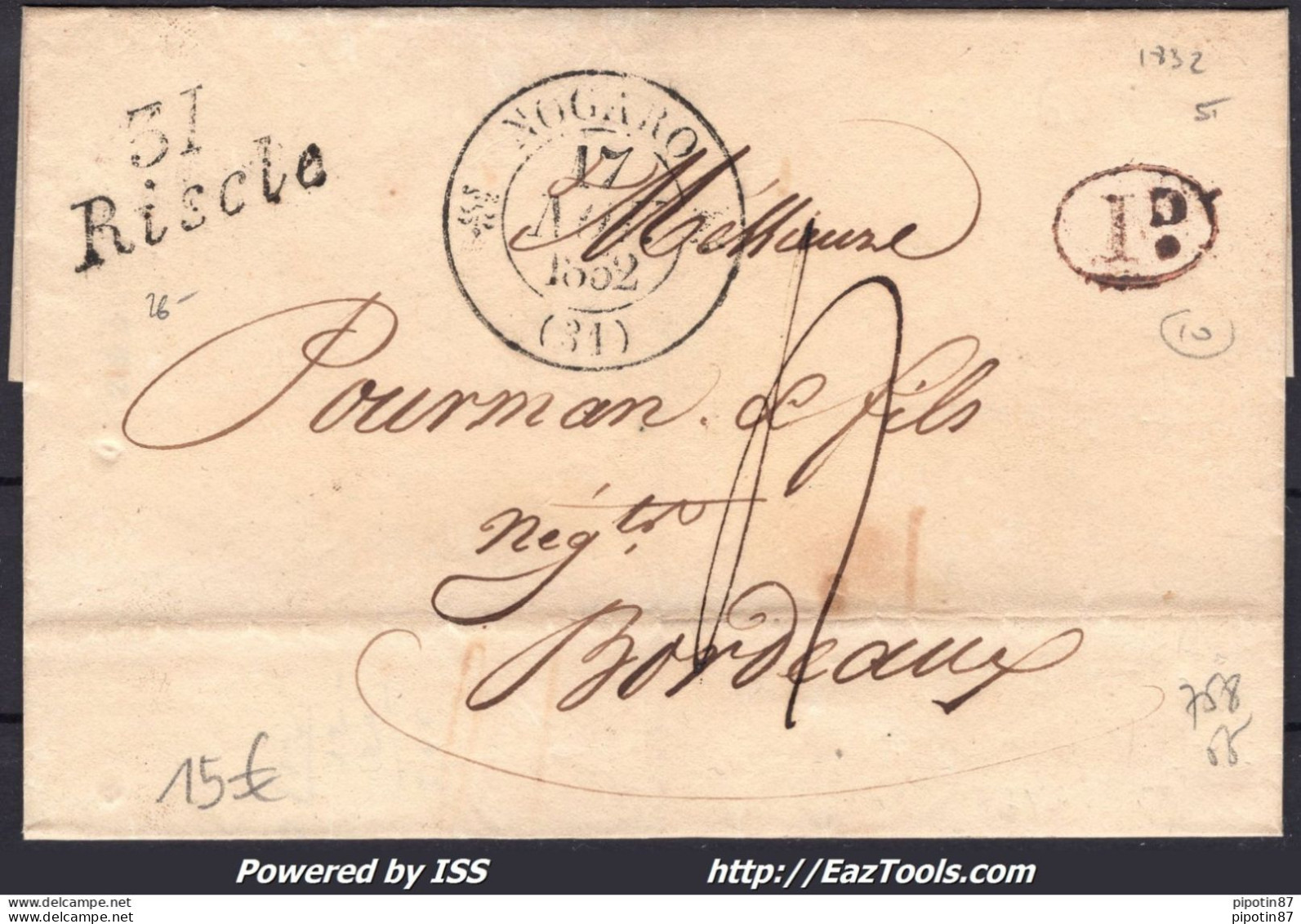 FRANCE MARQUE POSTALE GRIFFE 31 RISCLE + CAD TYPE 12 NOGARO DU 17/11/1852 - 1801-1848: Précurseurs XIX