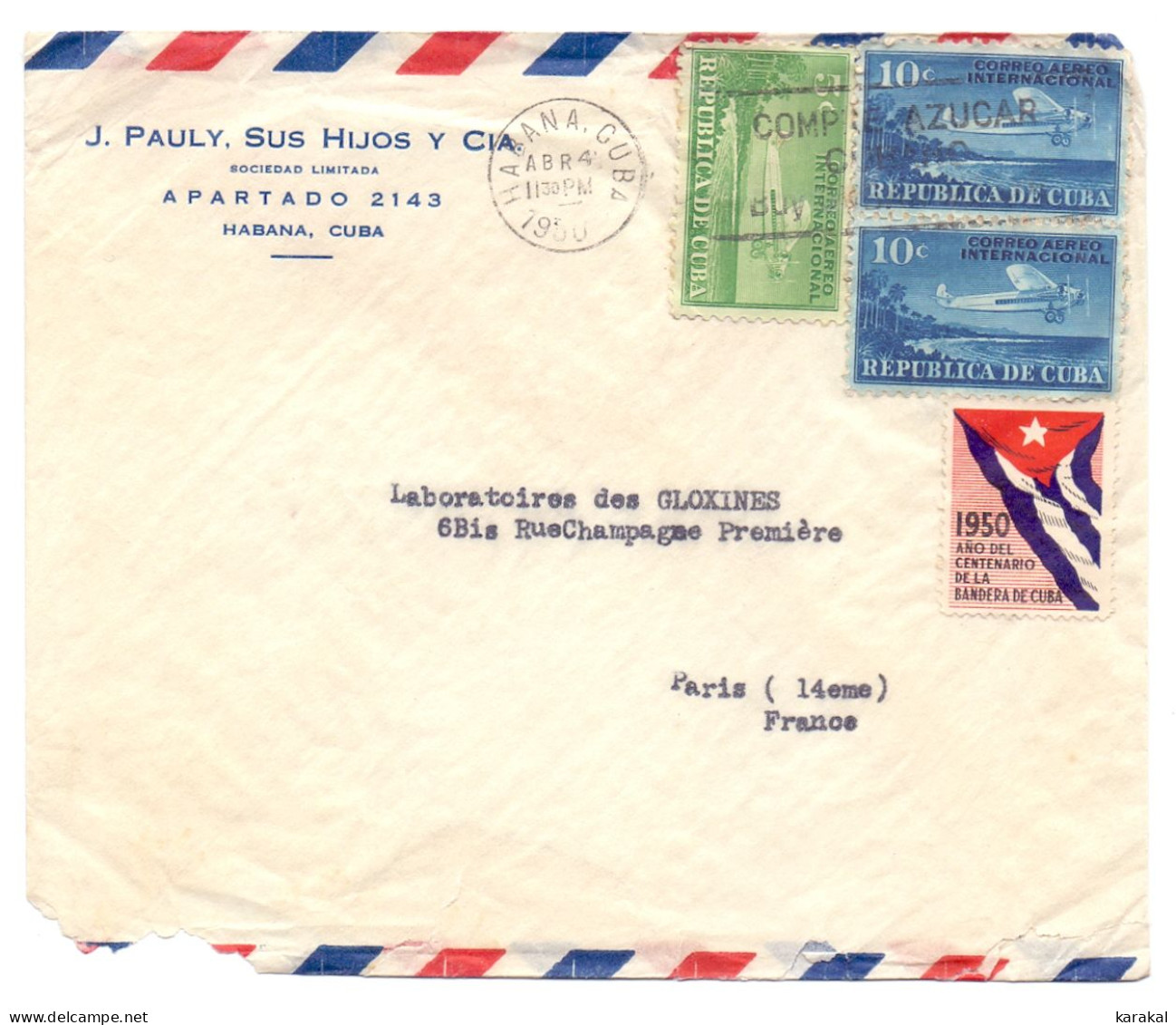 Cuba Correo Aereo Internacional Bandera Pauly Habana To Paris 14 France 1950 - Briefe U. Dokumente