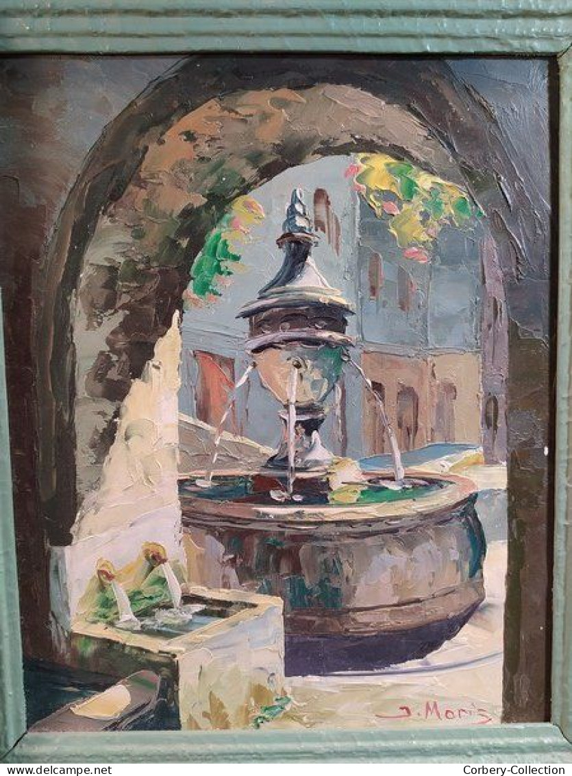 Ancien Tableau Fontaine Du Village Saint Paul De Vence Signé Moris - Huiles