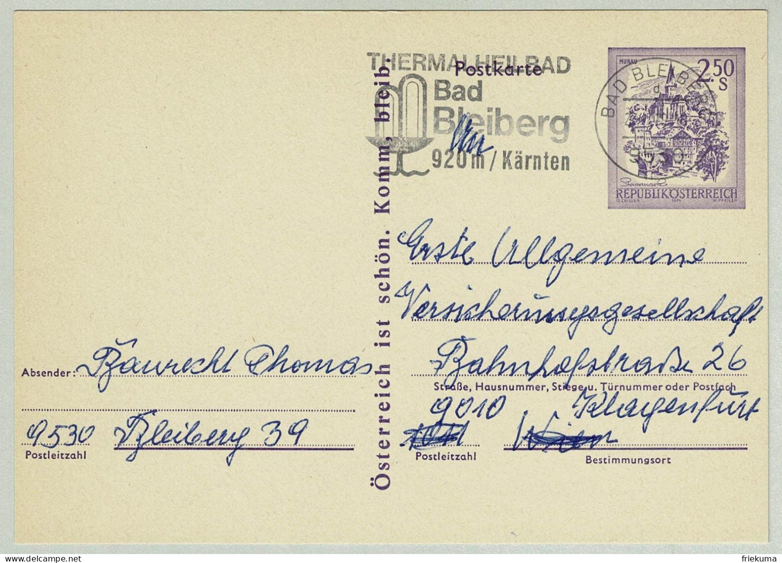 Oesterreich / Austria 1979, Ganzsachen-Karte Bad Bleiberg - Klagenfurt, Thermal Heilbad - Bäderwesen