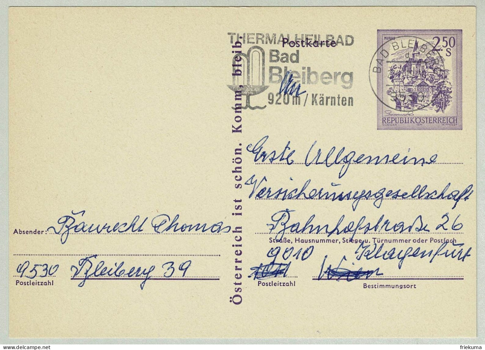 Oesterreich / Austria 1979, Ganzsachen-Karte Bad Bleiberg - Klagenfurt, Thermal Heilbad - Hydrotherapy