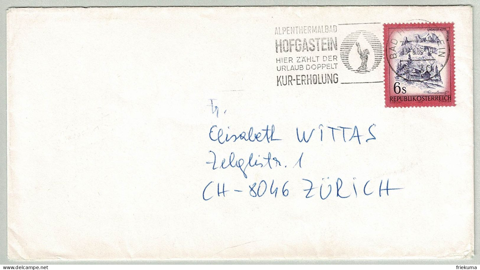 Oesterreich / Austria 1985, Brief Hofgastein - Zürich (Schweiz), Alpenthermalbad, Lindauer Hütte Rätikon - Termalismo