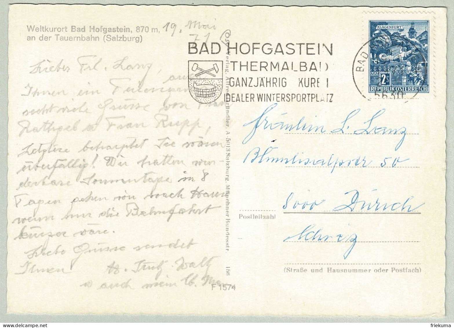 Oesterreich / Austria 1971, Ansichtskarte Bad Hofgastein - Zürich (Schweiz) - Hydrotherapy