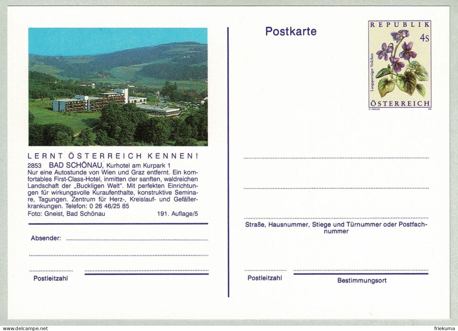 Oesterreich / Austria 1988, Bildpostkarte Bad Schönau, Kurhotel, Langsporniges Veilchen - Kuurwezen