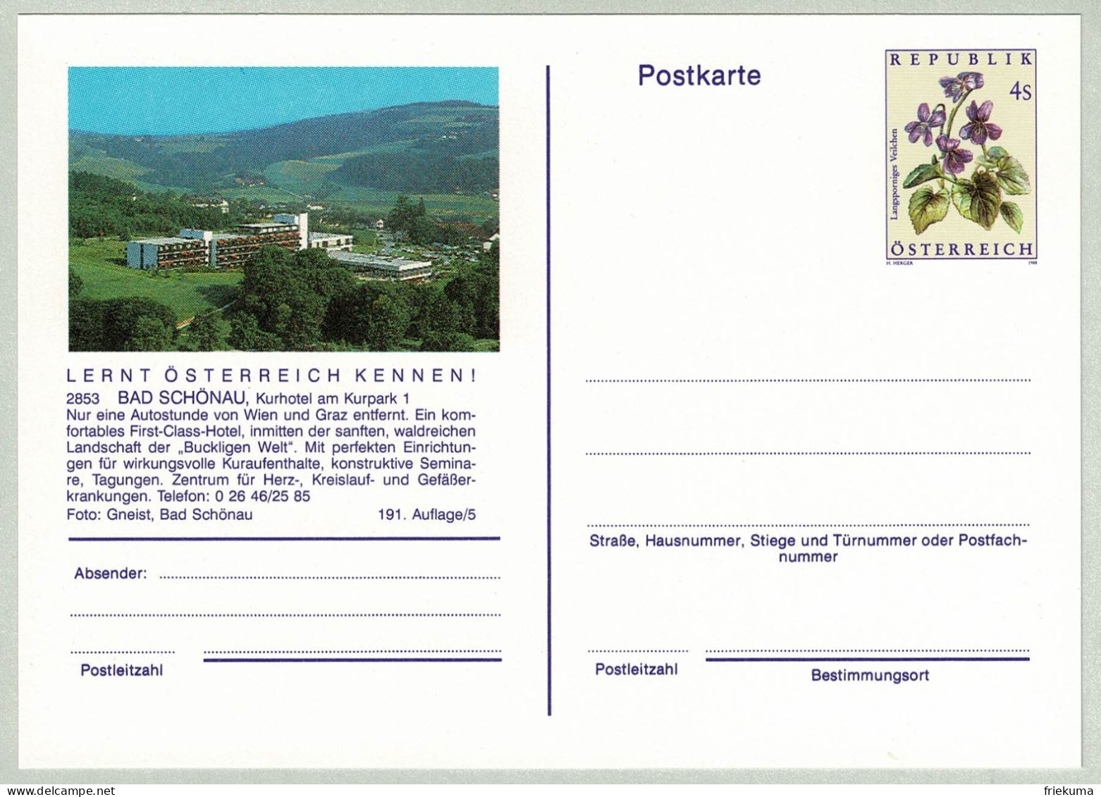 Oesterreich / Austria 1988, Bildpostkarte Bad Schönau, Kurhotel, Langsporniges Veilchen - Hydrotherapy