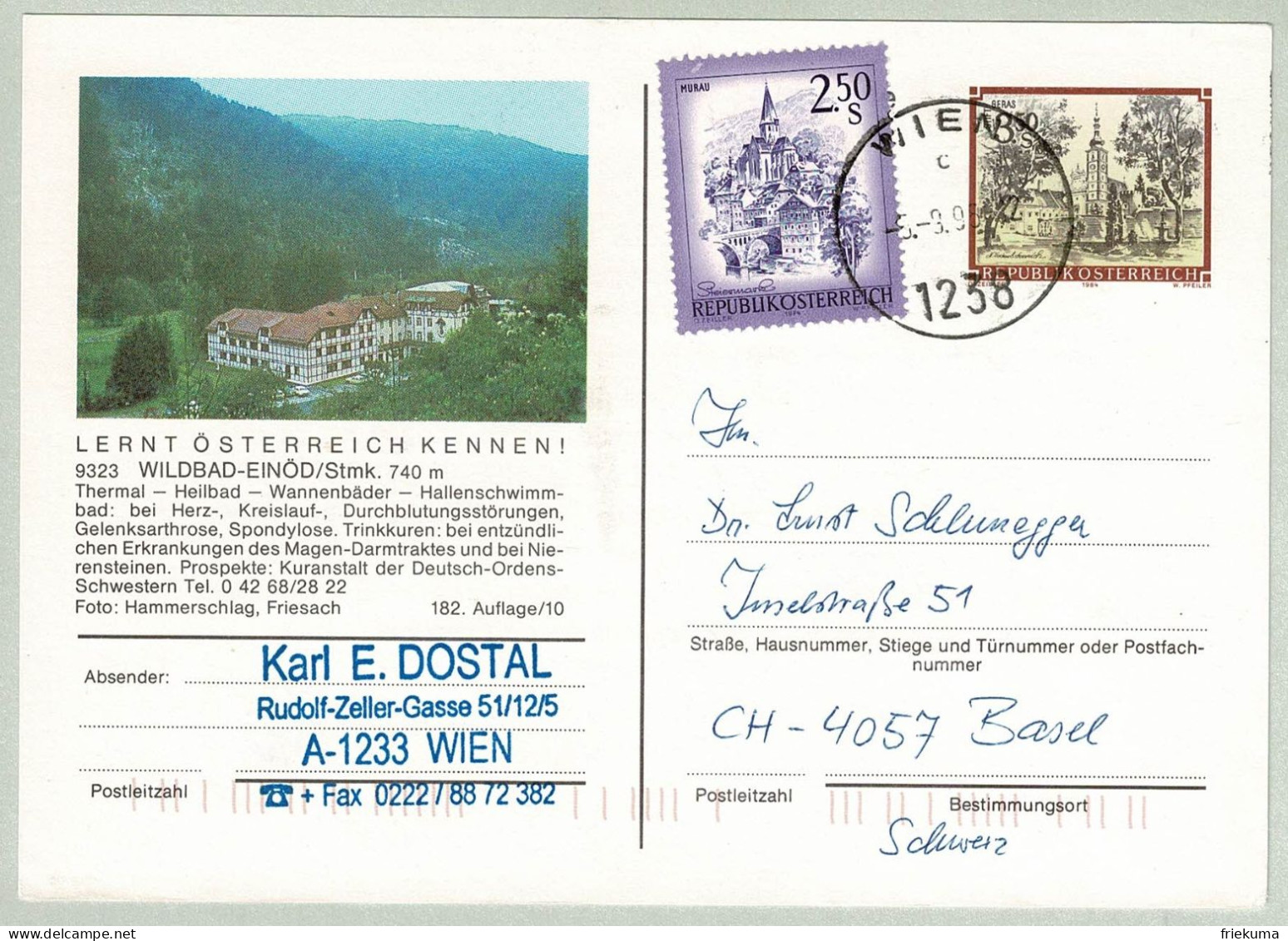 Oesterreich / Austria 1996, Bildpostkarte Wildbad-Einöd Wien - Basel (Schweiz), Thermal, Heilbad - Hydrotherapy