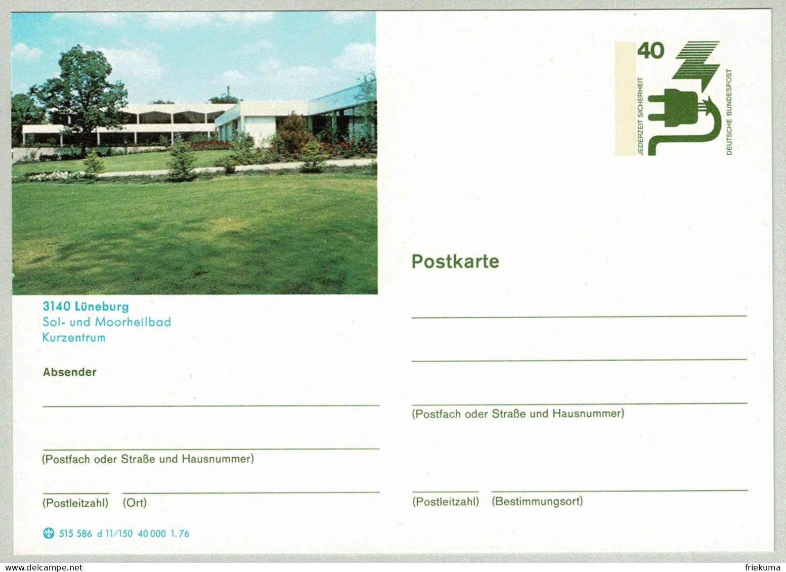 Deutsche Bundespost 1976, Bildpostkarte Lüneburg, Sol- Und Moorheilbad, Kurzentrum - Hydrotherapy