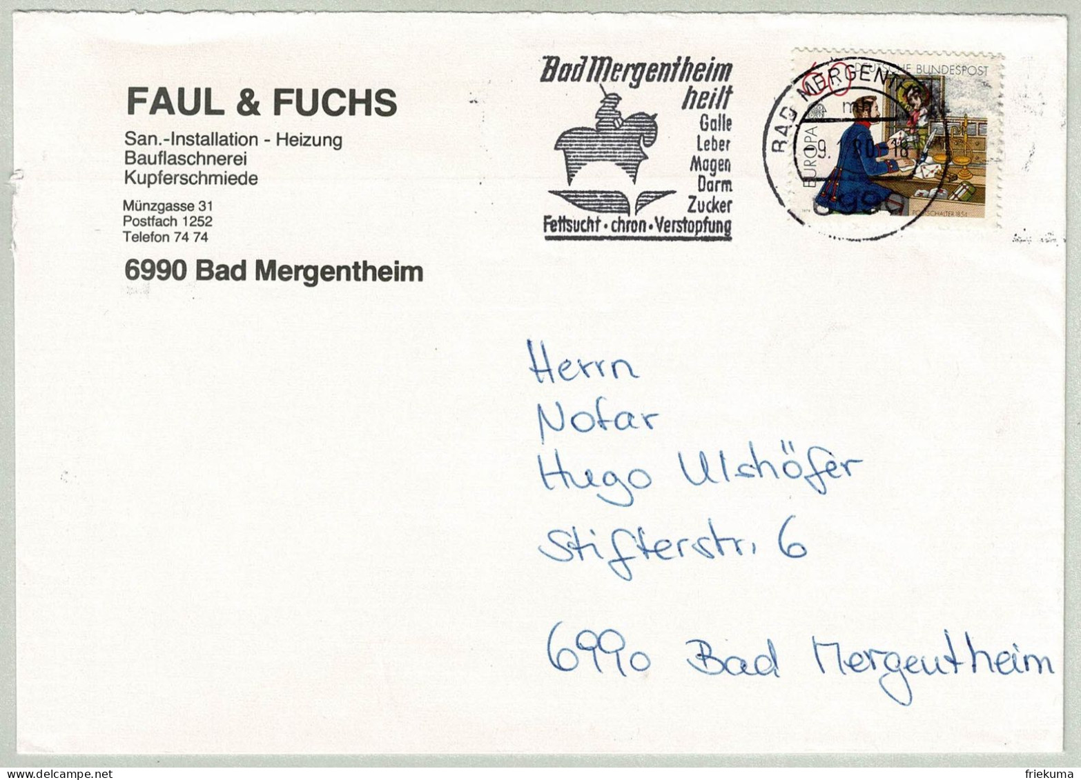 Deutsche Bundespost 1980, Brief Bad Mergentheim, Galle, Leber, Magen, Darm, Zucker, Fettsucht, Verstopfung - Kuurwezen