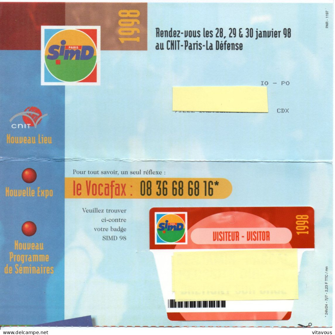 CARTE ENTREE SALON  BADGE- SIMD 1998 Card Karte (X 07) - Exhibition Cards