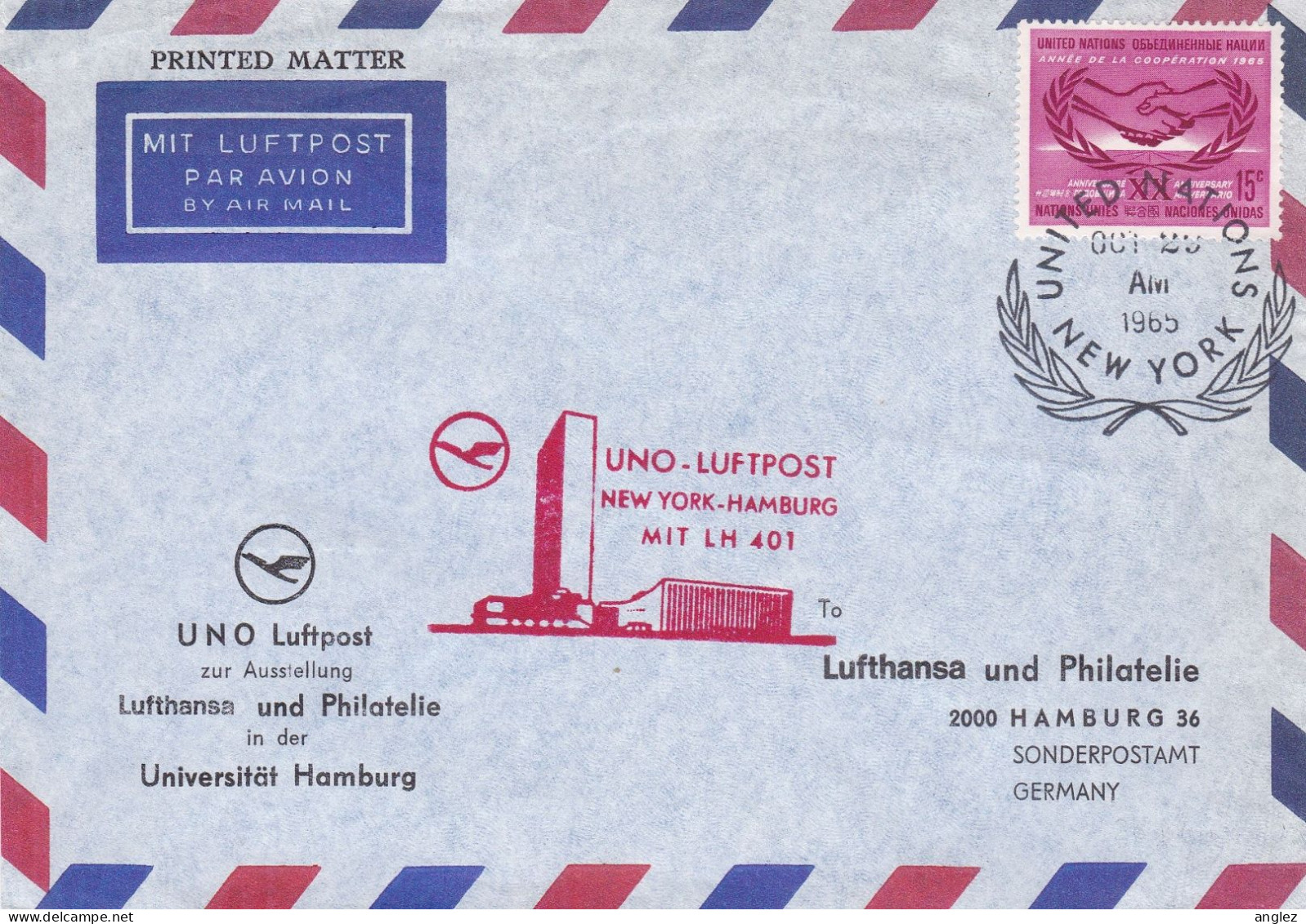United Nations - 1965 Lufthansa Flight New York To Hamburg Germany - Poste Aérienne