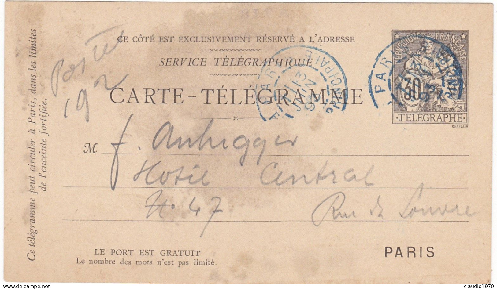 FRANCIA - CARTE - TELEGRAMME - VIAGGIATA - 1893 - 1898-1900 Sage (Type III)