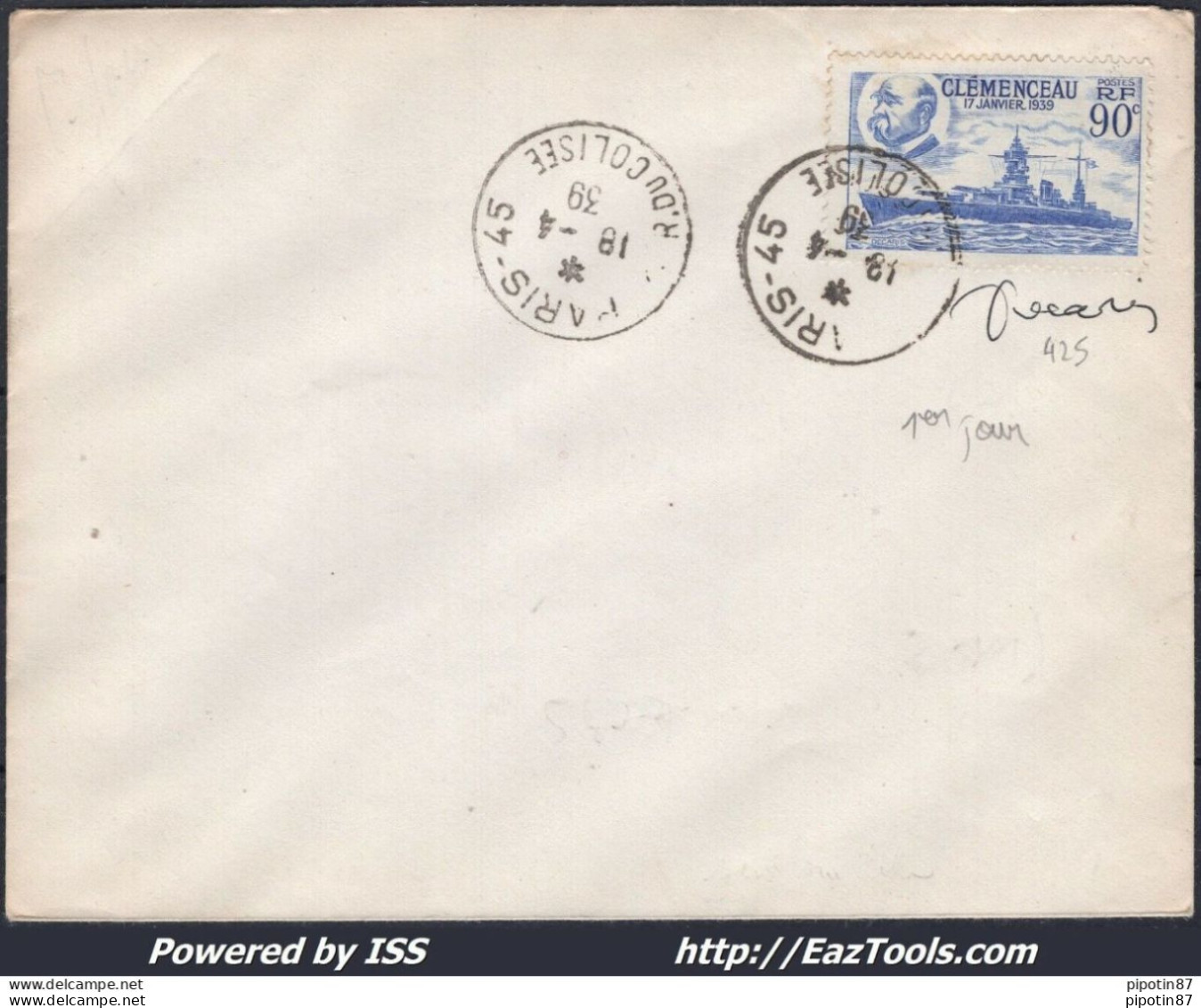 FRANCE N° 425 SEUL SUR LETTRE CAD DE PARIS DU 18/04/1939 PREMIER JOUR D'EMISSION - Cartas & Documentos