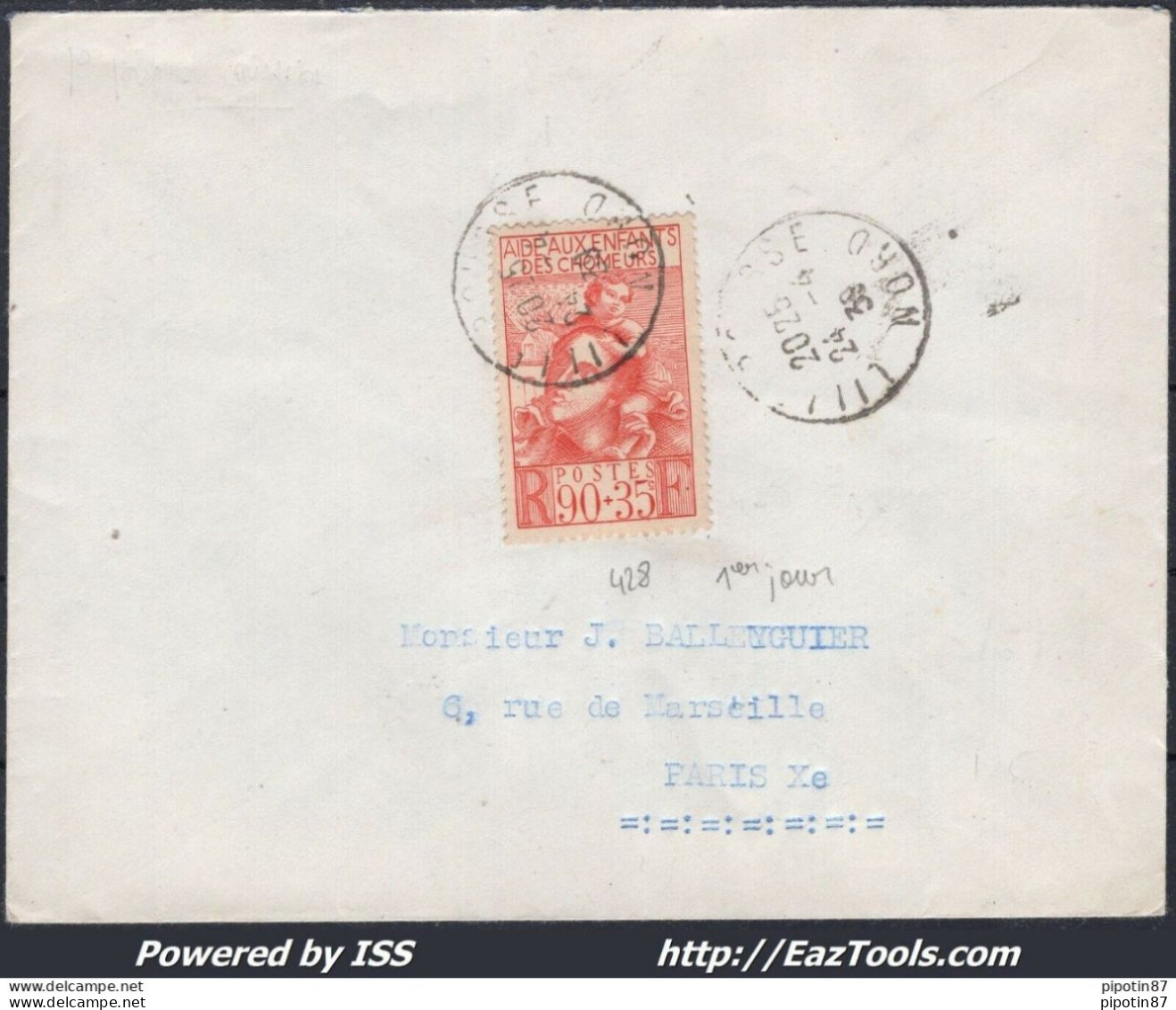 FRANCE N°428 SEUL SUR LETTRE CACHET A DATE DU 24/04/1939 PREMIER JOUR D'EMISSION - Storia Postale