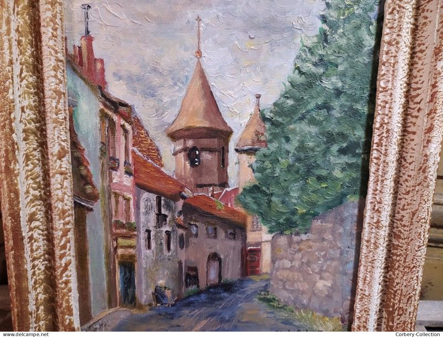 Ancien Tableau Paysage Rue de Langogne Lozère Signé Ch. Lefebvre.