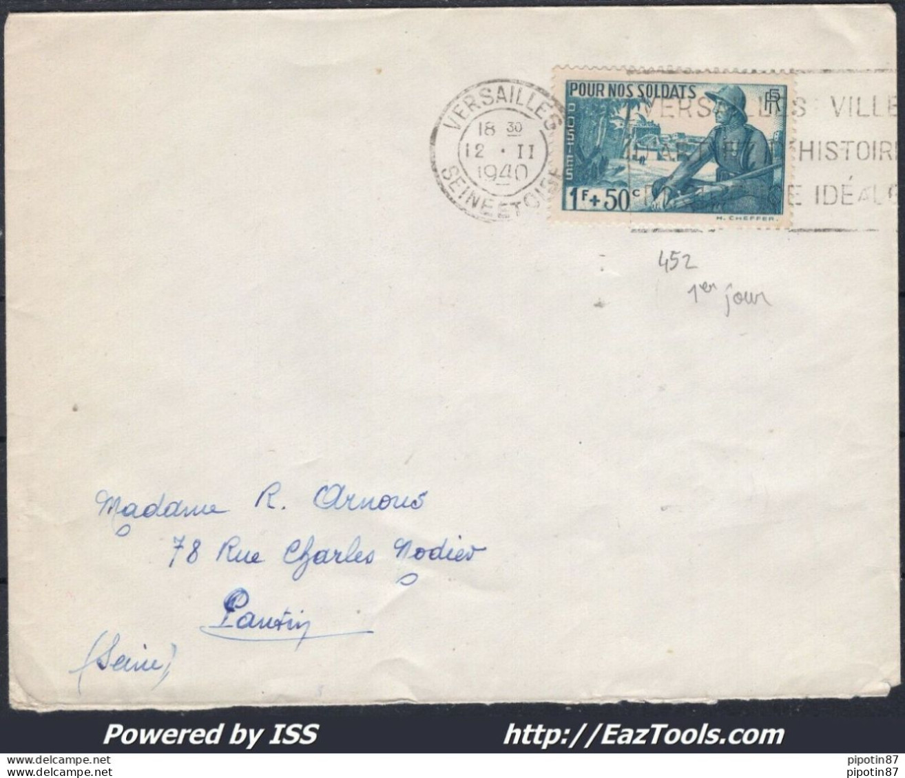 FRANCE N°452 SUR LETTRE CACHET A DATE DU 12/02/1940 PREMIER JOUR D'EMISSION - Lettres & Documents