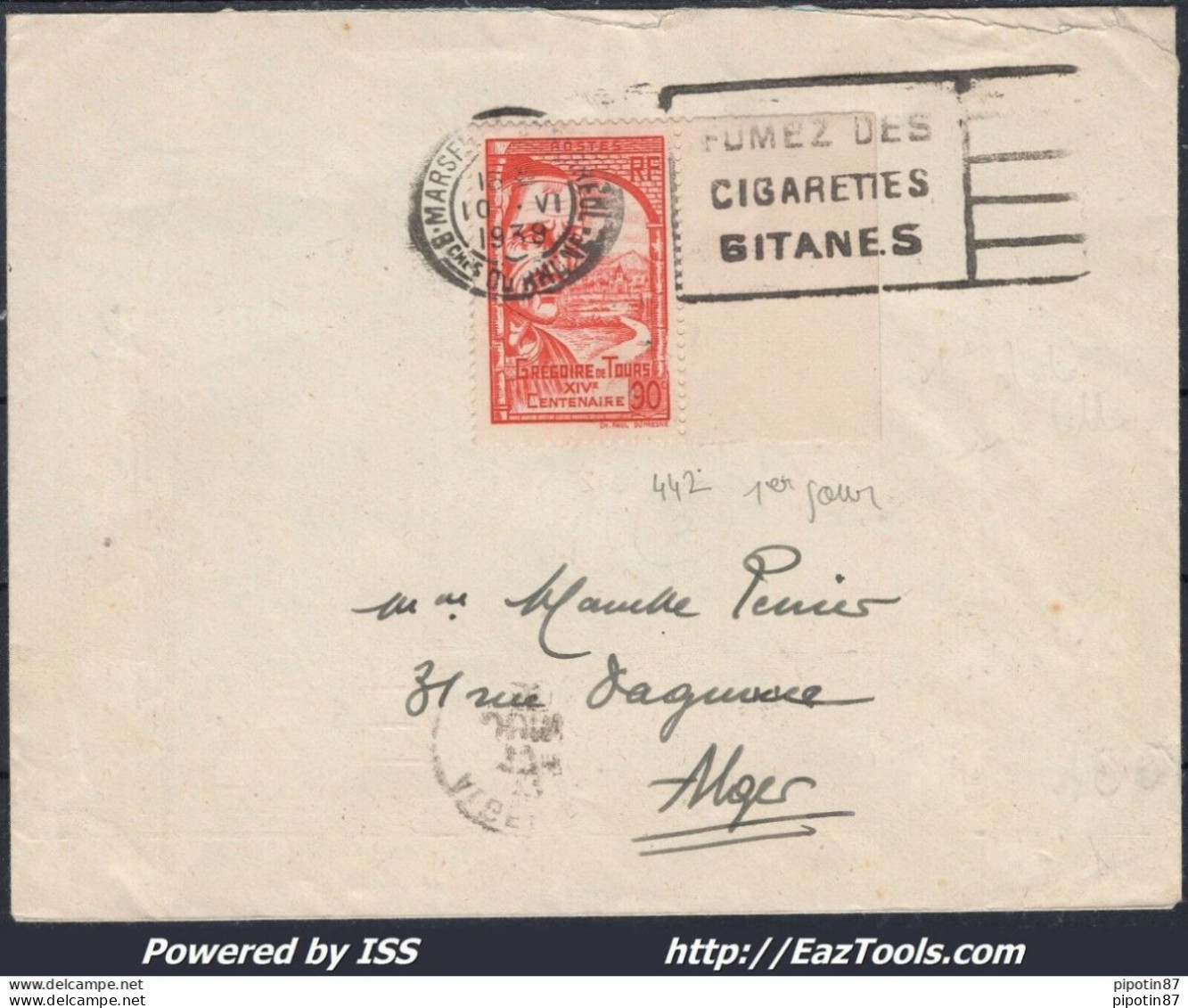 FRANCE N°442 SEUL SUR LETTRE CACHET A DATE DU 10/06/1939 PREMIER JOUR D'EMISSION - Cartas & Documentos