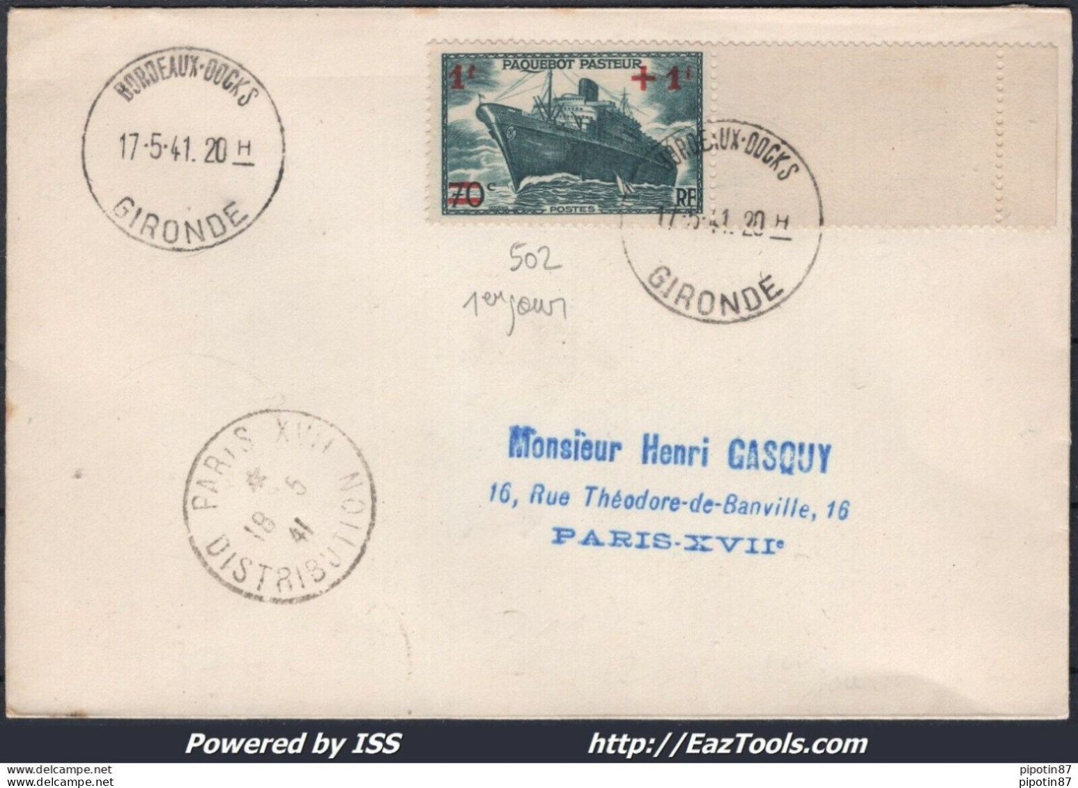 FRANCE N°502 SUR LETTRE CACHET A DATE DU 17/05/1941 PREMIER JOUR D'EMISSION - Storia Postale