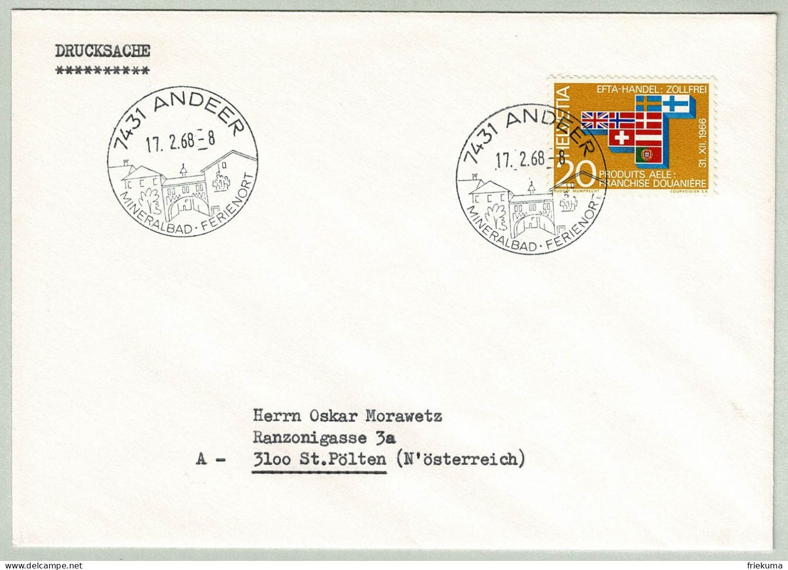 Schweiz / Helvetia 1968, Brief Drucksache Andeer - St. Pölten (Oesterreich), Mineralbad - Bäderwesen