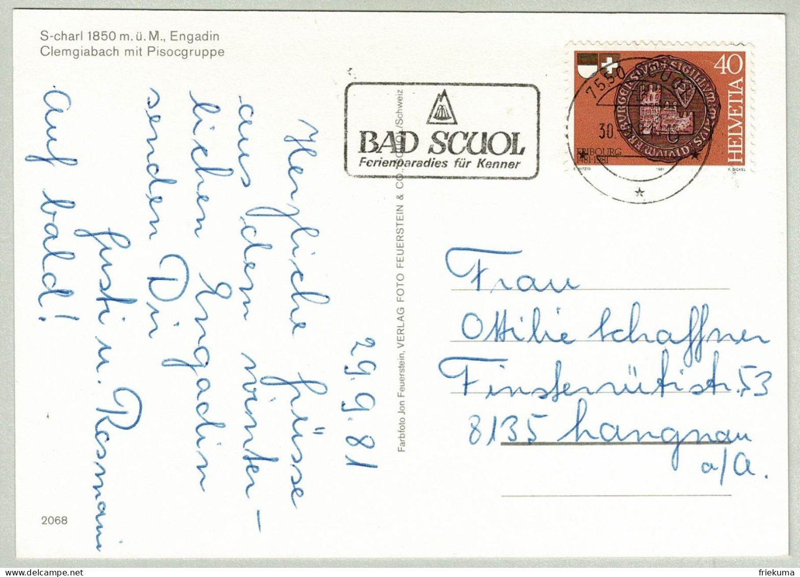 Schweiz / Helvetia 1981, Postkarte Scuol - Langnau, Bad / Bath - Thermalisme