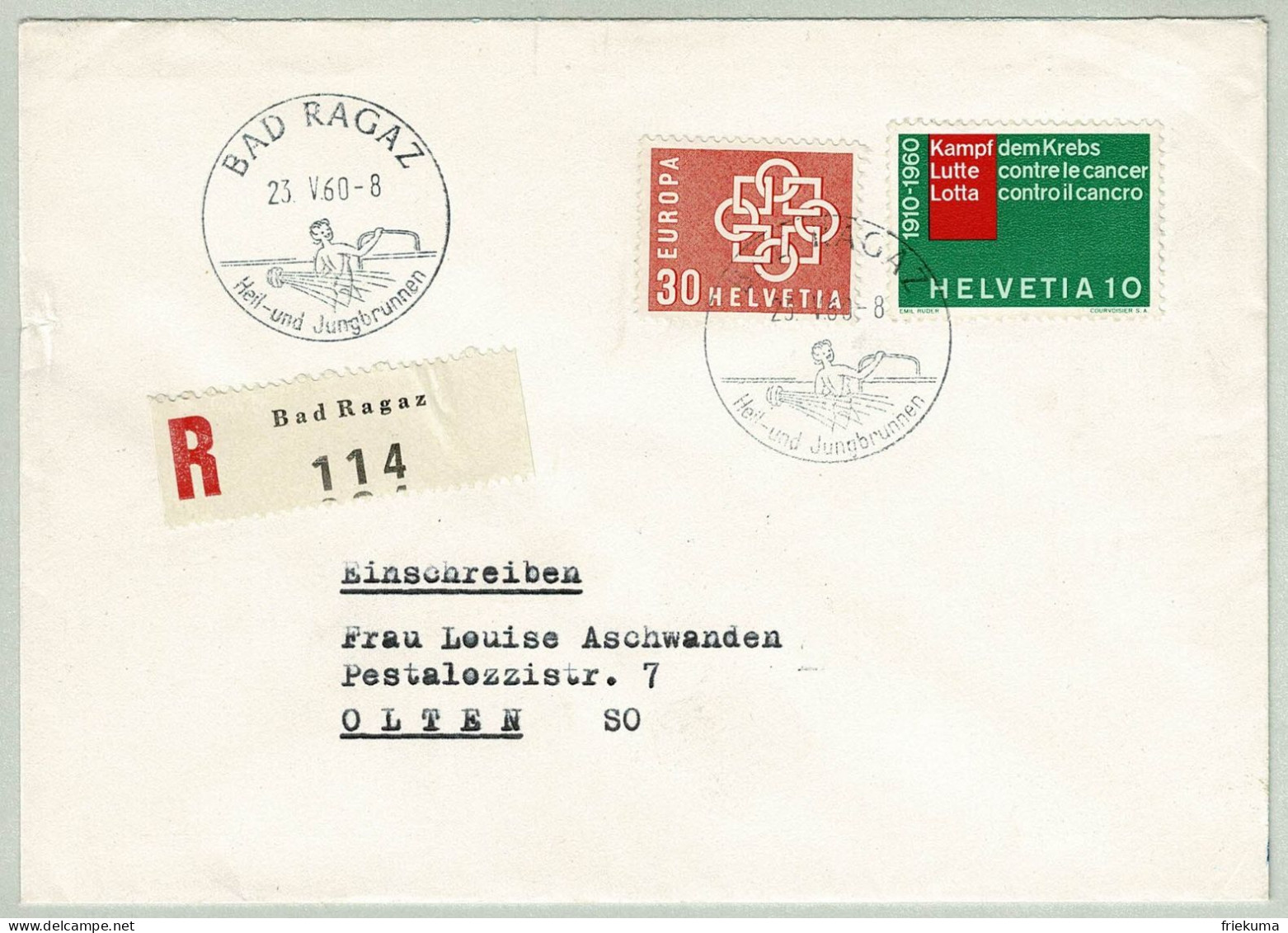 Schweiz / Helvetia 1960, Brief Einschreiben Bad Ragaz - Olten, Heil- Und Jungbrunnen - Kuurwezen