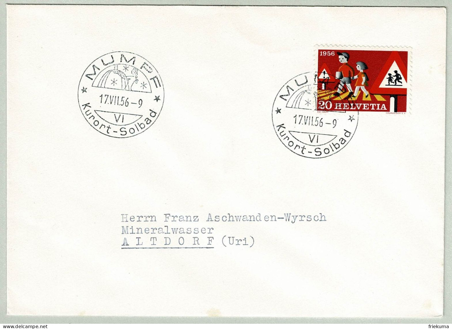 Schweiz / Helvetia 1956, Brief Mumpf - Altdorf, Kurort, Solbad - Hydrotherapy
