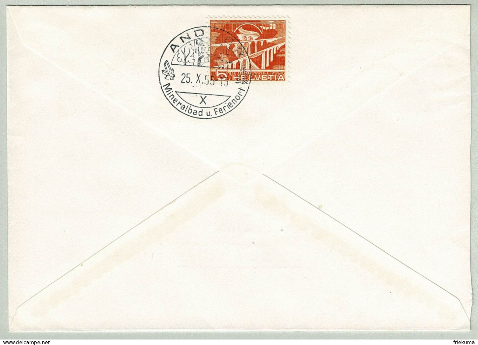 Schweiz / Helvetia 1955, Brief Andeer - Chicago, Mineralbad, Technik Und Landschaft, Teilfrankatur Rückseite - Hydrotherapy