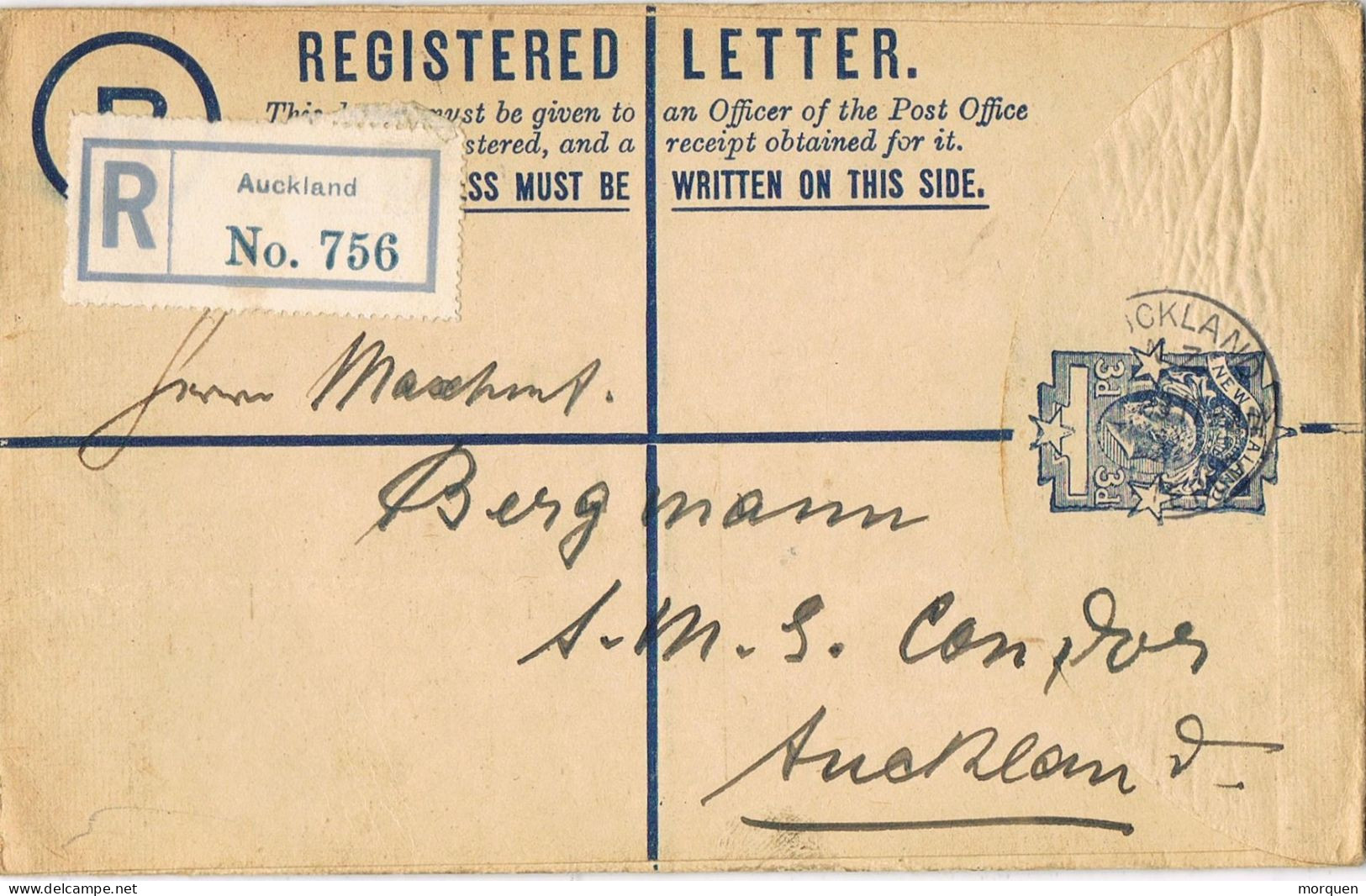 52260. Entero Postal Certificado AUCKLAND (New Zealand) 1919 - Lettres & Documents