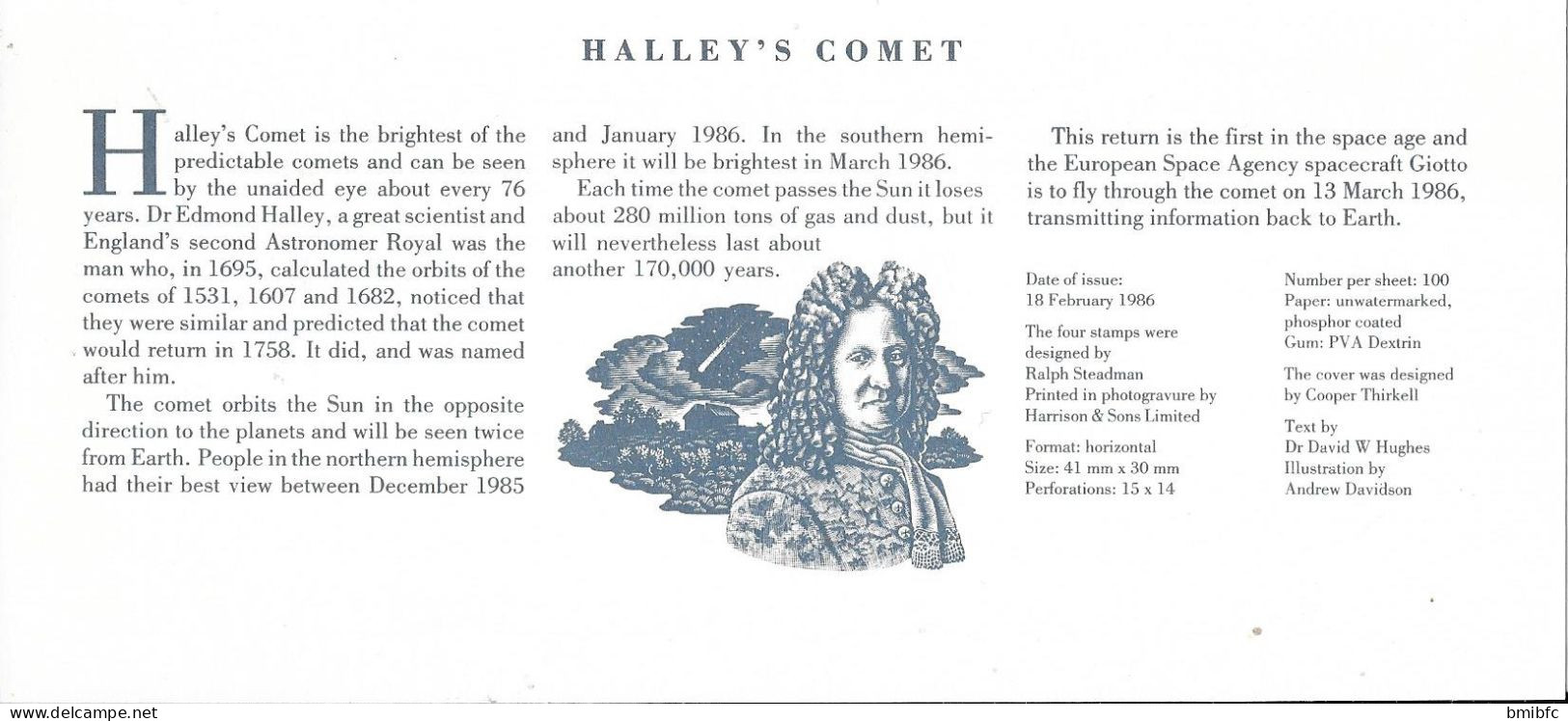 FDC -  PHILATELIC BUREAU EDINBURGH - HALLEY'S COMET 18 FEB 1986 Avec Son Document Intérieur - Astrologie