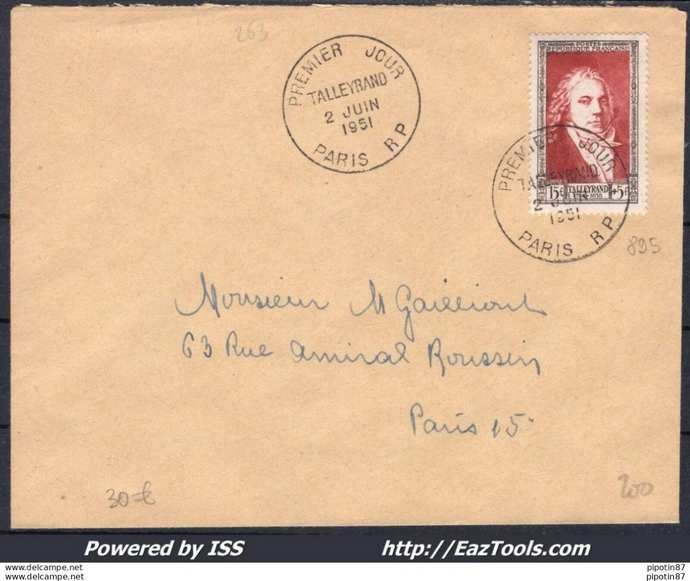 FRANCE N°895 SEUL SUR LETTRE CAD DE PARIS DU 02/06/1951 PREMIER JOUR D'EMISSION - Brieven En Documenten