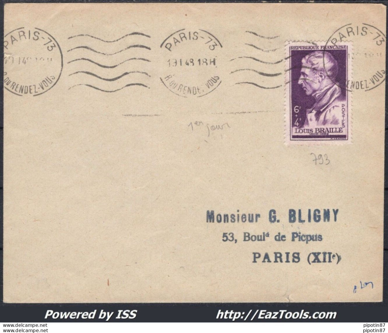 FRANCE N°793 SEUL SUR LETTRE CAD PARIS DU 19/01/1948 PREMIER JOUR D'EMISSION - Briefe U. Dokumente