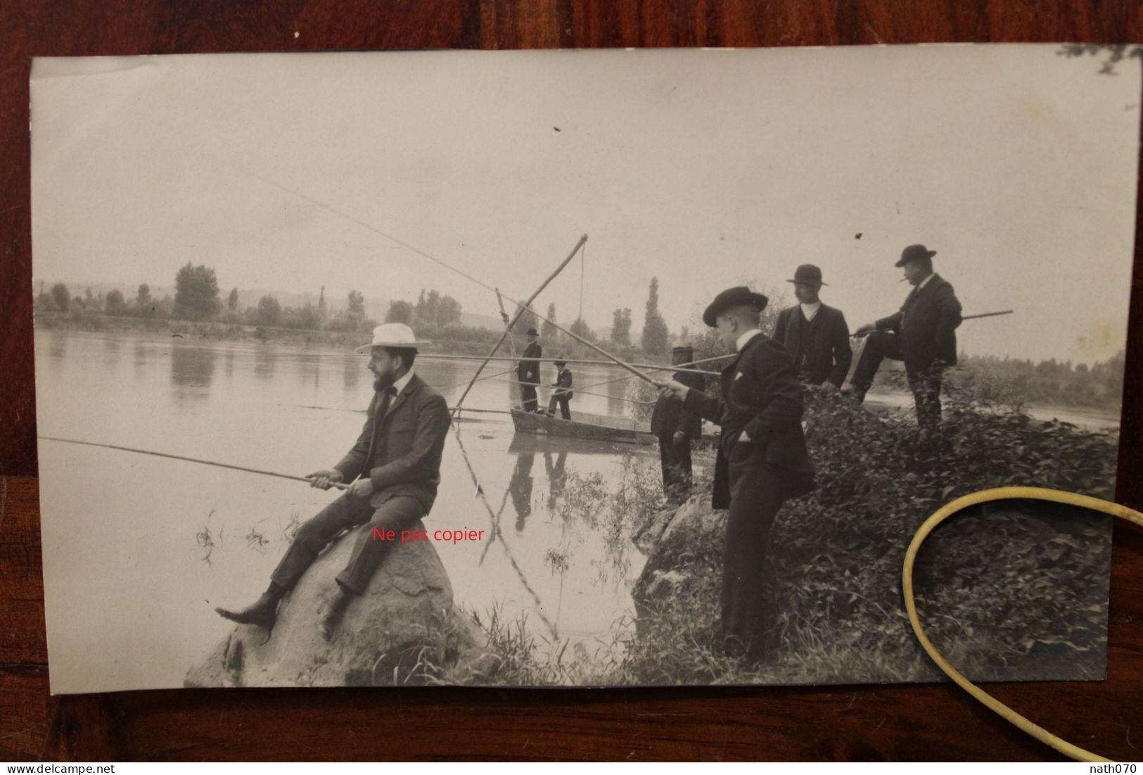 Photo 1910's Pêcheur à La Ligne Rivière Homme Chapeau Canotier Tirage Print Vintage - Orte