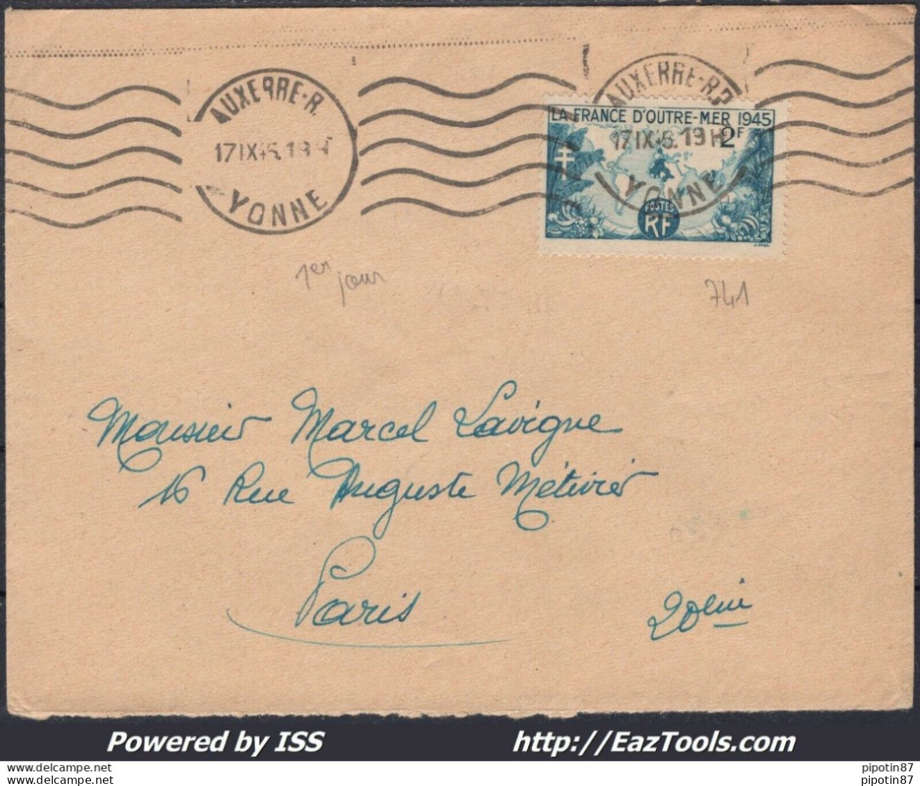 FRANCE N°741 SEUL SUR LETTRE CAD AUXERRE DU 17/09/1945 PREMIER JOUR D'EMISSION - Storia Postale