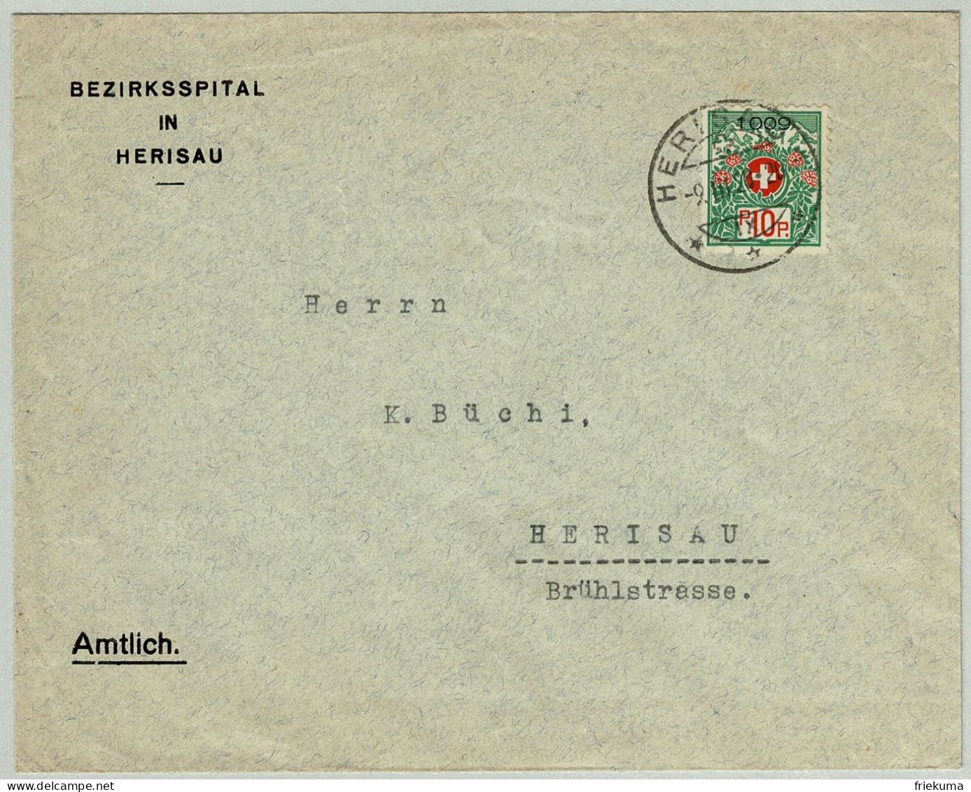 Schweiz / Helvetia 1928, Brief Bezirksspital Herisau, Portofreiheitmarke, Krankenhaus / Spital / Hôpital / Hospital - Franchise