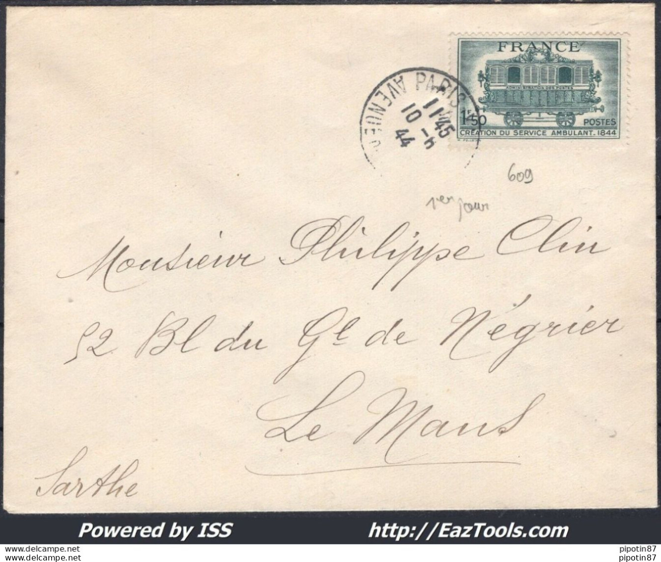 FRANCE N° 609 SEUL SUR LETTRE CAD PARIS DU 10/06/1944 PREMIER JOUR D'EMISSION - Covers & Documents