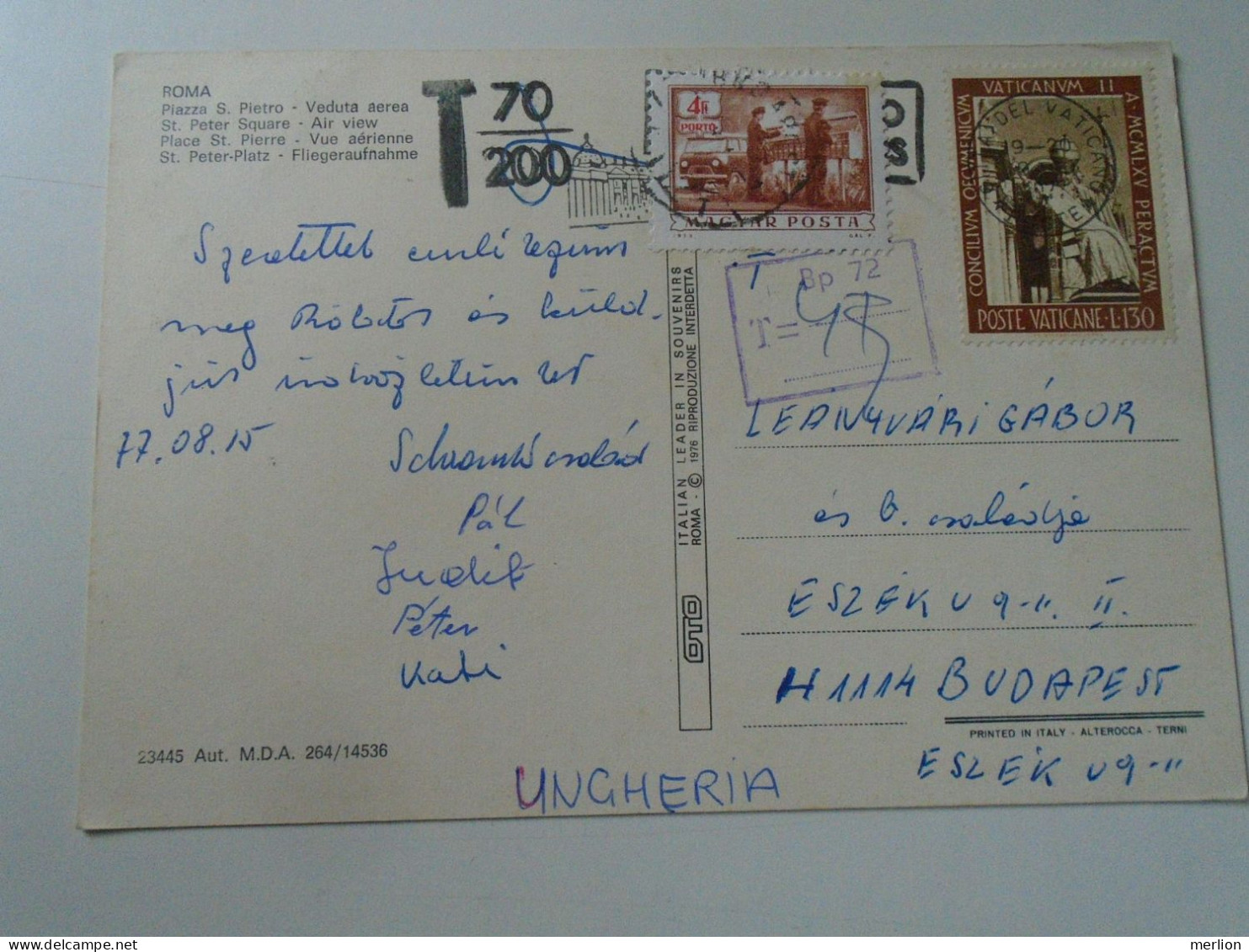D199199 Vatican  - Postcard - Postage Due  1977 Hungary  Porto Stamp - Impuestos