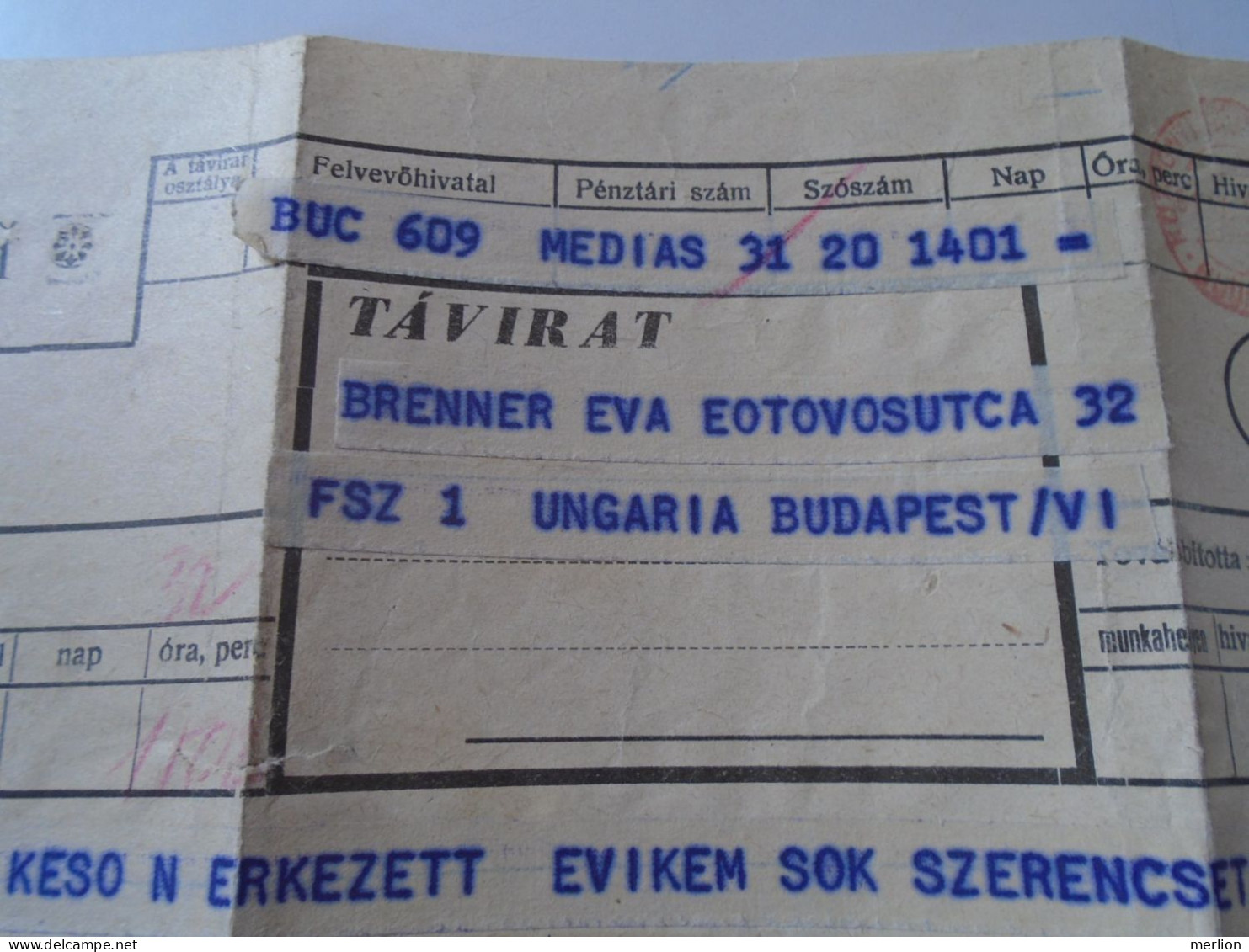 D199203   Hungary  Telegraph Telegram - 1960's   Medias -   - Brenner Budapest - Telegraaf