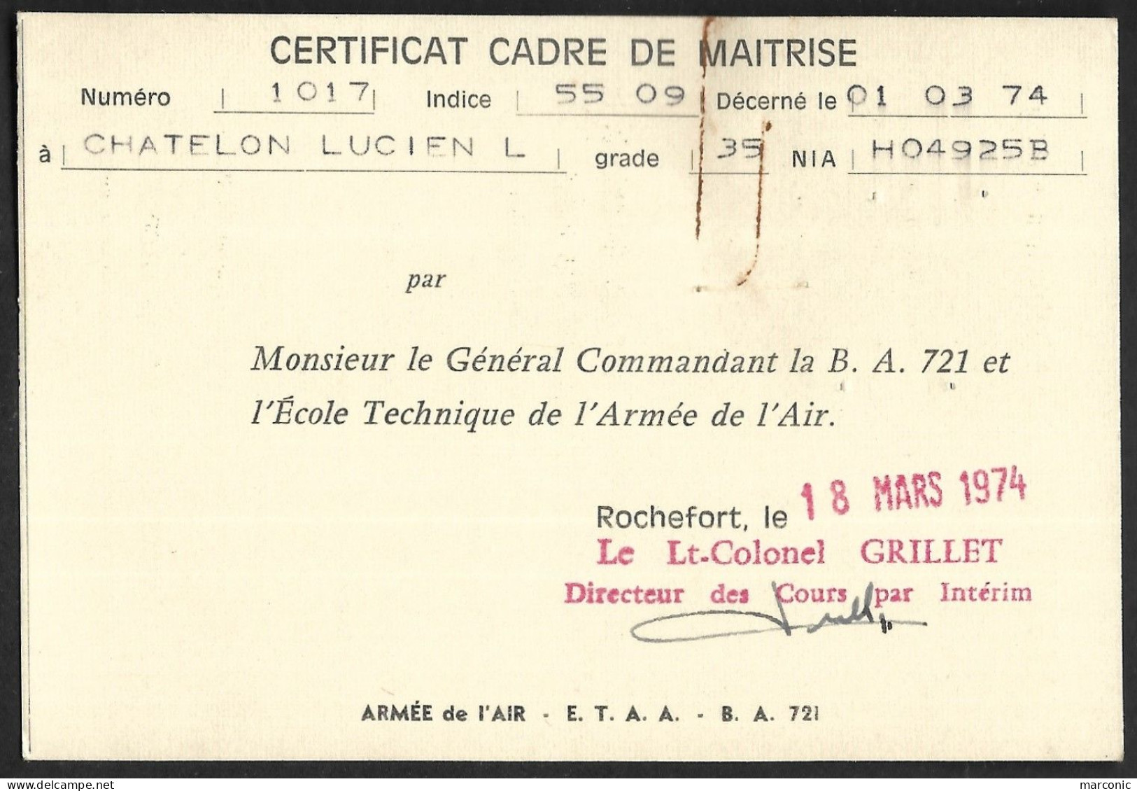 ARMEE De L'AIR, CERTIFICAT CADRE De MAITRISE - Rochefort 1974 - Diplômes & Bulletins Scolaires