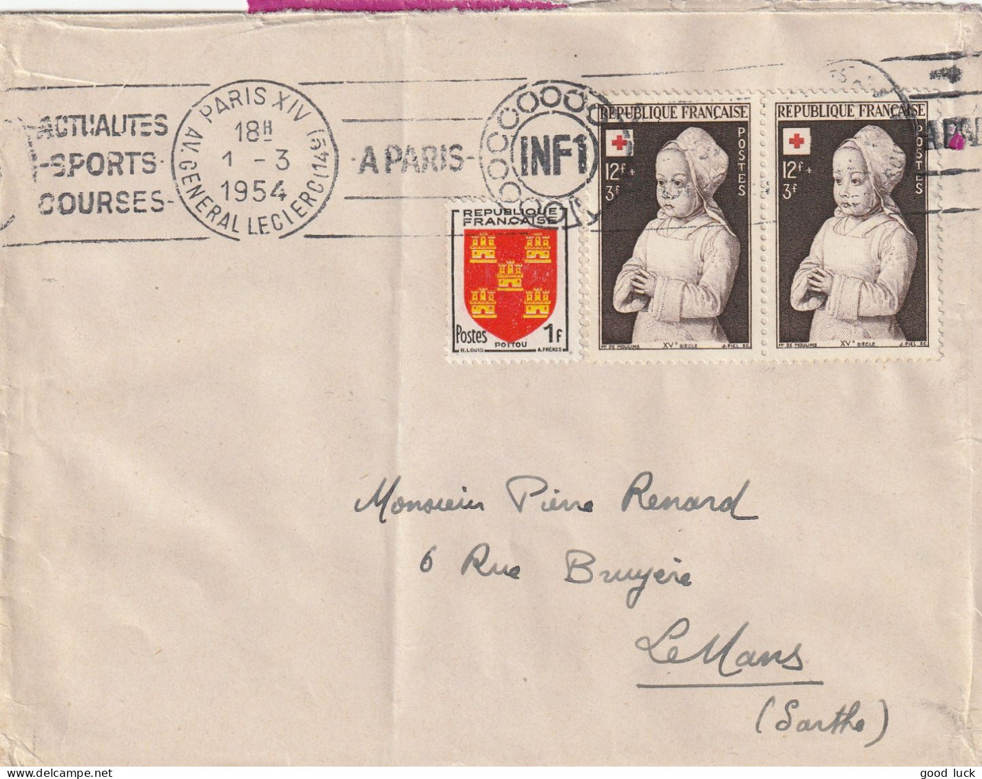 N° 914 (2) + 952 OMEC PARIS 1954 POUR LE MANS SARTHE - Rode Kruis